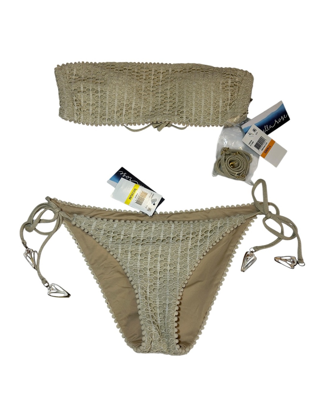 Abella Crochet Trim Bandeau Bikini Set in Tan